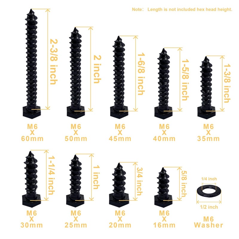 ECKJ Hex Lag Bolts 112PCS M6 Hex Head Lag Screws Washers Assortment Kit Fully Thread Heavy Duty Hexagon Wood Screw Zinc Plated Black Metric Length Include 16/20/25/30/35/40/45/50/60mm - Image 3